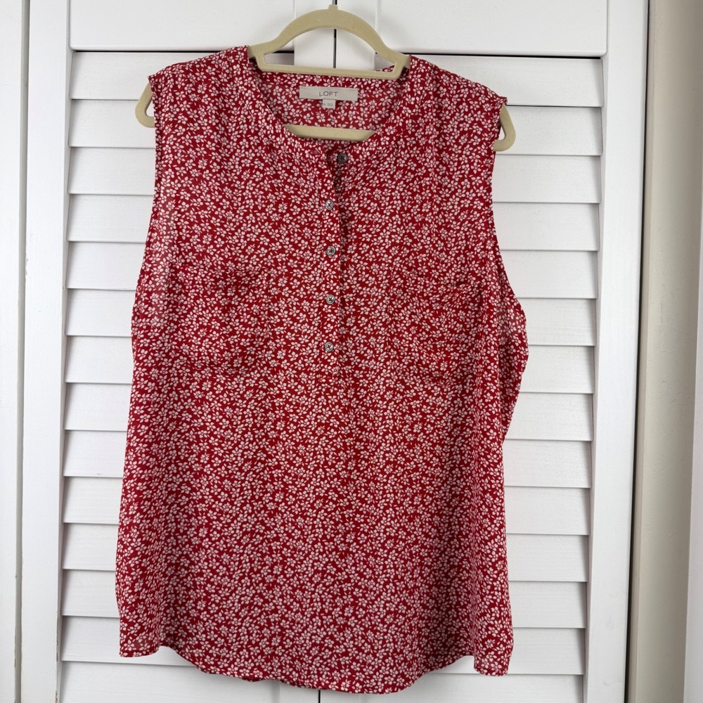 LOFT Sleeveless Blouse Women XXL Red Floral Henley Shell Pocket Top - Picture 16 of 16